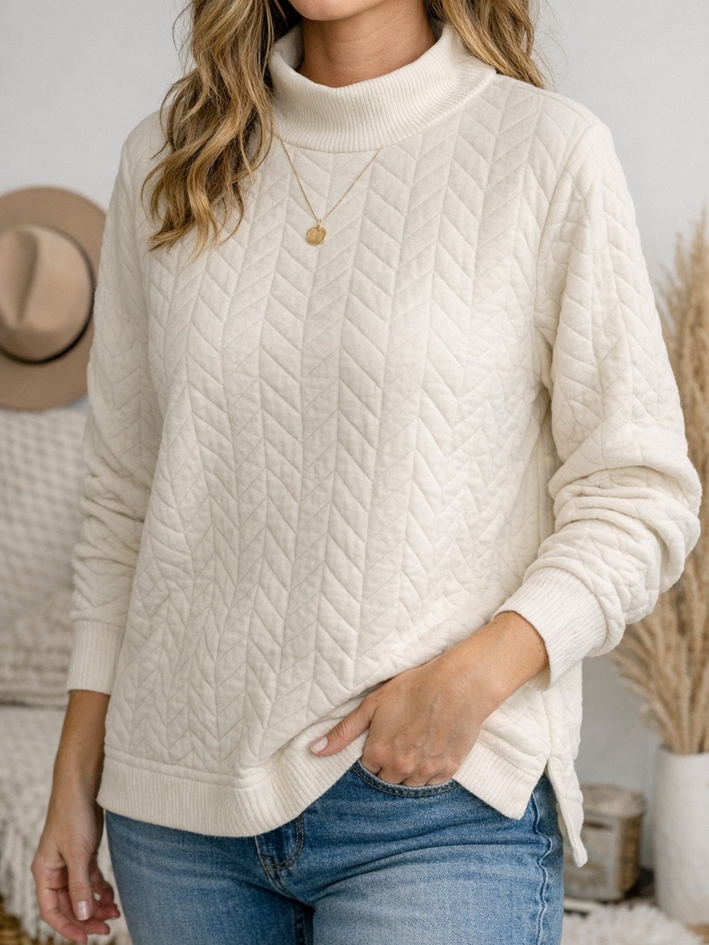St. John’s Bay Quilted Mock Neck Sweater XL Ivory Cozy Pullover Lounge Casual